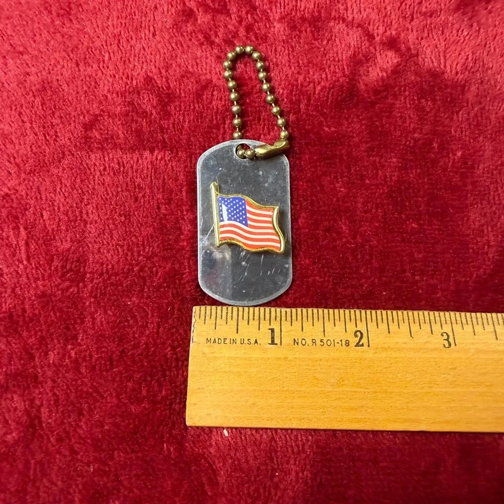 Vintage Addressograph Dog‎ Tag Keychain American Flag Enamel Patriotic Metal Tag